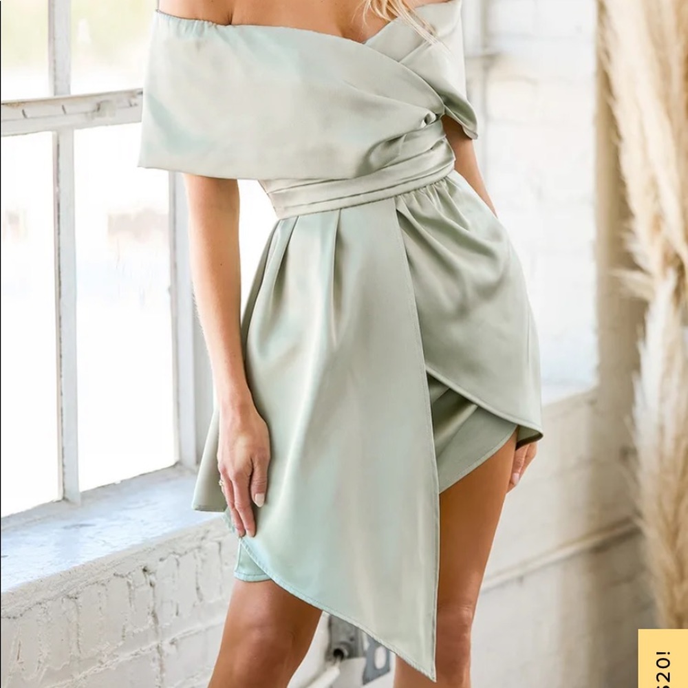 Lulus sage green off the shoulder mini dress